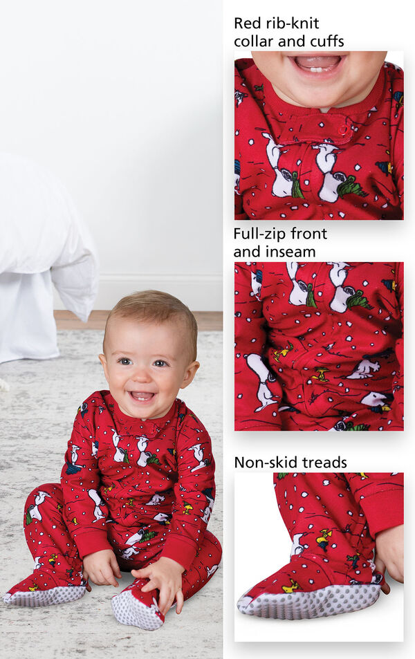 Close-ups of Snoopy and Woodstock Infant Onesie features which include a red rib-knit collar and cuffs, full-zip front and inseam and non-skid treads image number 2