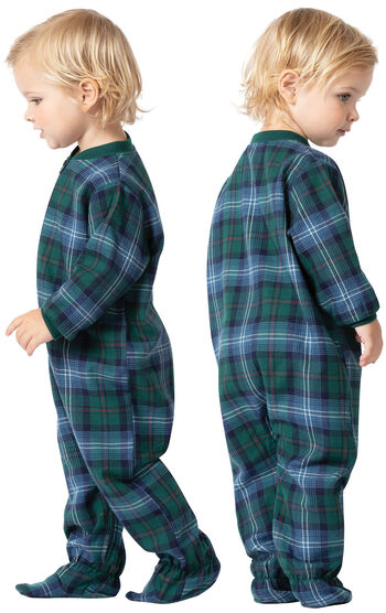 Infant wearing Heritage Plaid Infant Onesie Pajamas, facing away from the camera and facing to the side