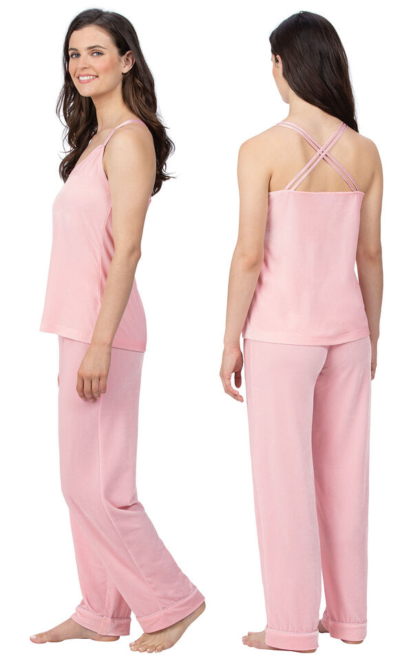Model wearing Pink Velour Cami PJ with Satin Trim for Women, facing away from the camera and then to the side image number 1