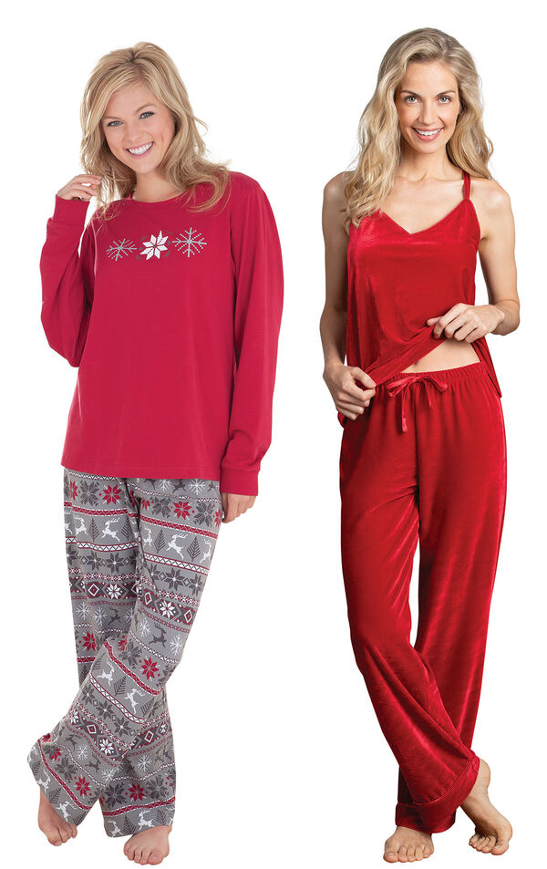Models wearing Nordic Pajamas and Velour Cami Pajamas - Ruby. image number 0