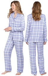 Model wearing Lavender Plaid Button-Front PJ for Women, facing away from the camera and then to the side image number 1