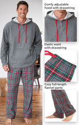 Close-ups of the features of Gray Plaid Hooded Men's Pajamas which include a comfy adjustable hood with drawstring, elastic waist with drawstring and cozy full-length flannel pants image number 3