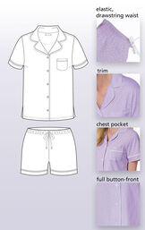Close-ups of the features of Oh-So-Soft Pin Dot Short Set such as elastic, drawstring waist, trim, chest pocket and full button-front. image number 4