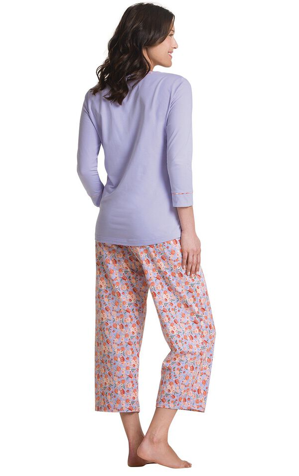 Model wearing Light Purple Floral Print PJ for Women, facing away from the camera image number 3