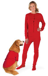 Models wearing Red Dropseat Onesie PJ for Pet and Owner image number 0