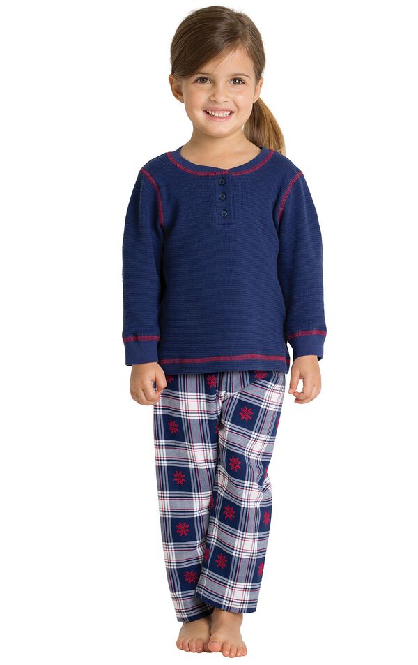 Model wearing Dark Blue Snowflake Plaid Thermal Top PJ for Toddlers image number 0