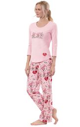 Model wearing Pink and Red "I Love Lucy" Chocolate Factory Pajamas, facing to the side image number 2