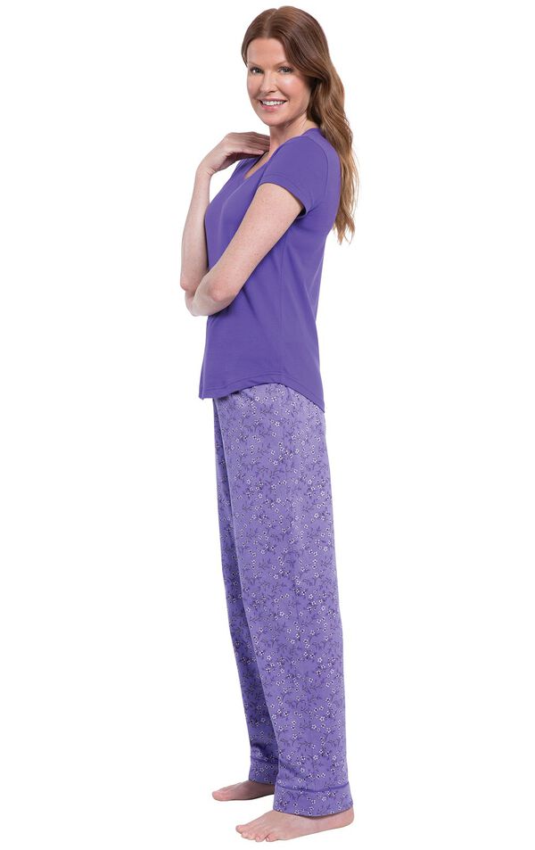 Model wearing Purple Floral V-neck PJ for Women, facing to the side image number 2
