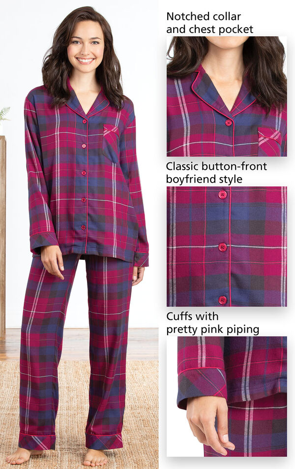 Close-Ups of Pink Plaid Button-Front PJ for Women features with include a notched collar and chest pocket, classic button-front boyfriend style and cuffs with pretty pink piping image number 4