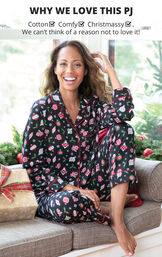 Model sitting on couch wearing Ornament Boyfriend Pajamas with the following copy: Why we Love this PJ: Cotton, Comfy, Christmassy - We can't think of a reason not to love it image number 2
