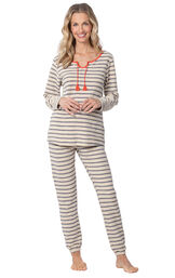 Model wearing Blue and White Stripe PJ with Coral Tie Neck for Women image number 0