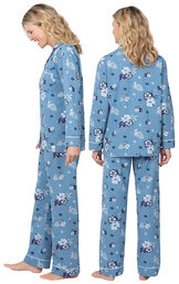 Model wearing Blue Margaritaville Button-Front PJ for Women, facing away from the camera and then to the side image number 1