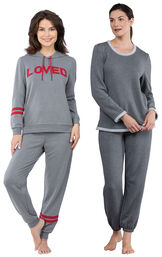 Models wearing ''Loved'' Hoodie Pajamas and World's Softest Jogger Pajamas - Charcoal. image number 0