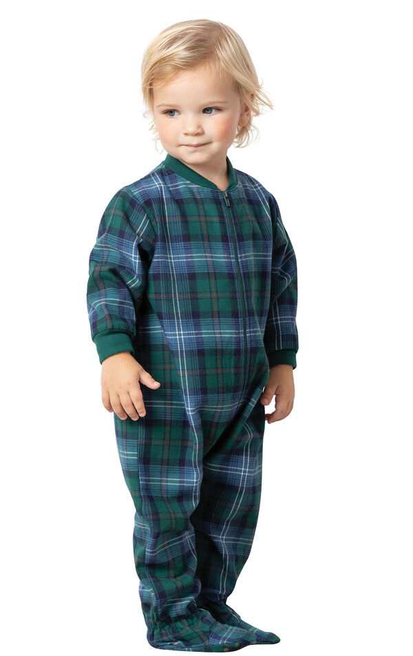 Model wearing Green and Blue Plaid Onesie PJ for Infants image number 0