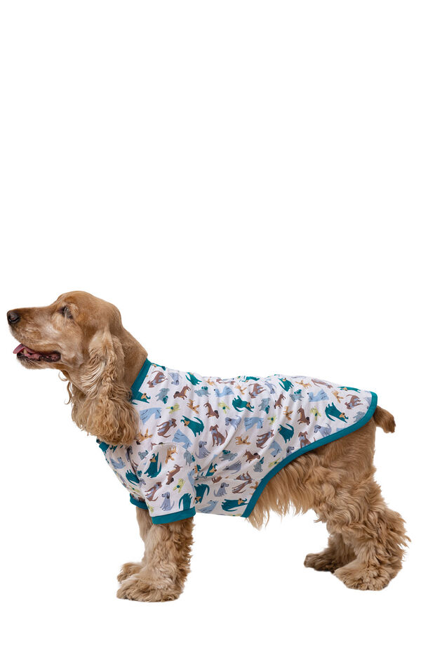 Dog wearing Teal and White Dog Print Pajama for Dogs, standing and facing to the side