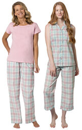 Mint and Pink Perfectly Plaid Short-Sleeve PJs & Sleeveless Capri PJs Bundle image number 0