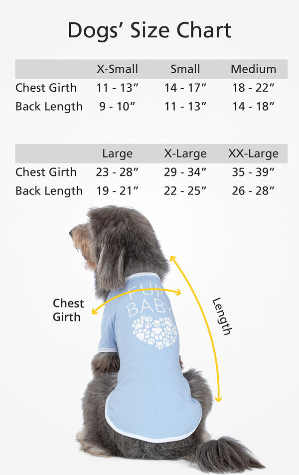 Dogs' Size Chart XS (Chest Girth 11-13'', Back length 9-10''), SML (Chest 14-17'', Back 11-13''), MED (Chest 18-22'' Back 14-18''), LG (Chest 23-28'', Back 19-21''), XL (Chest 29-34'', Back 22-25''), XXL (Chest 35-39'', Back 26-28'') image number 2