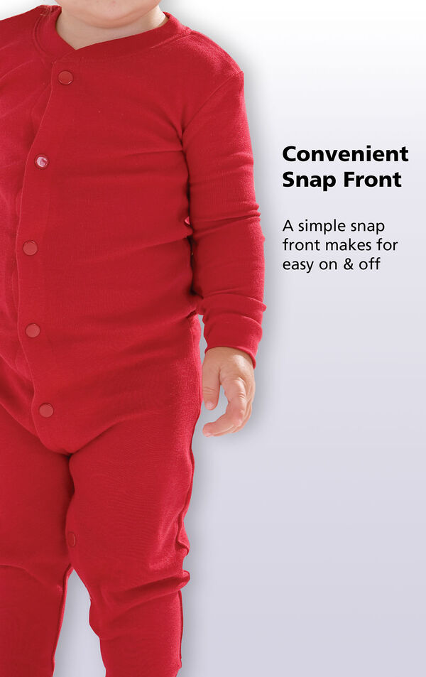 Close up of the Red Dropseat PJ's Convenient Snap Front. A simple snap front makes for easy on and off. image number 2