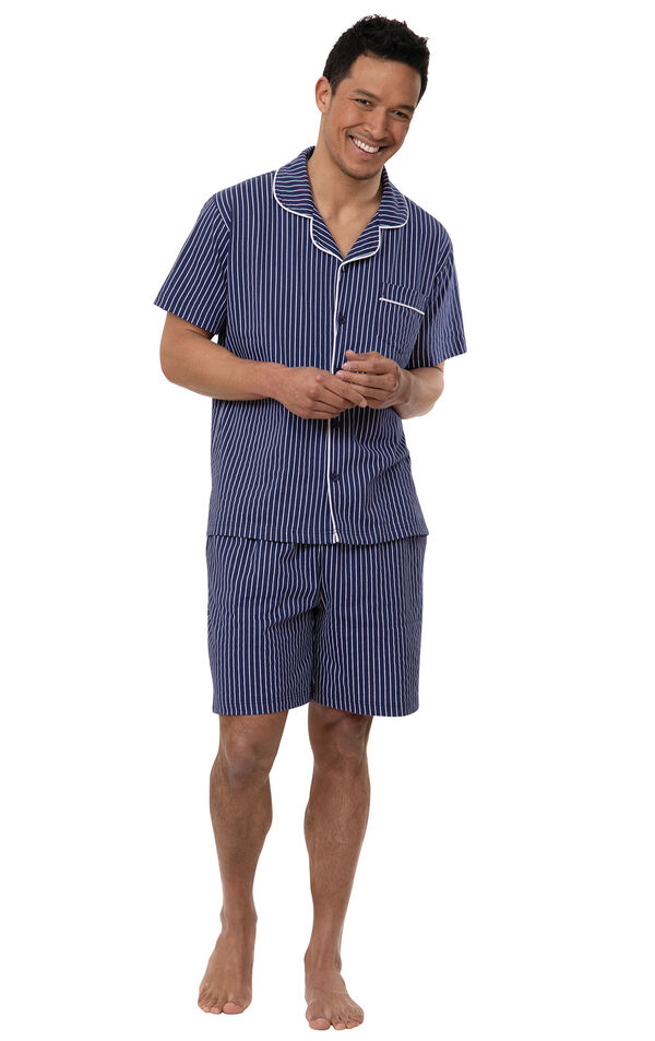 Model wearing Model wearing Navy Stripe Short Sleeve Button-Front Short Set for Men image number 0