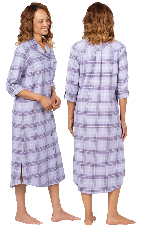 Model wearing Lavender Plaid Gown for Women, facing away from the camera and then to the side image number 1