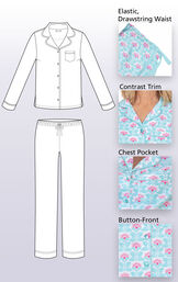 Technical drawing of Modern Floral Boyfriend Pajamas with the following image insets: Elastic, drawstring waist, contrast trim, chest pocket and button-front image number 3