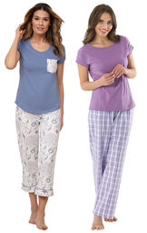Models wearing Summer Shells Capri Pajamas - Blue and Perfectly Plaid Pajamas image number 0