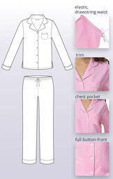 Close-ups of the features of Oh-So-Soft Pin Dot Boyfriend Pajamas such as elastic, drawstring waist, trim, chest pocket and full button-front. image number 4