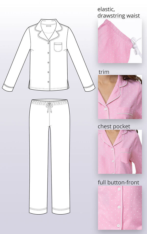 Close-ups of the features of Oh-So-Soft Pin Dot Boyfriend Pajamas such as elastic, drawstring waist, trim, chest pocket and full button-front. image number 7