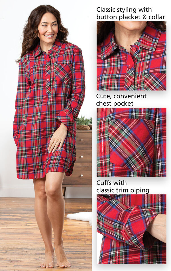 Close-ups of Stewart Plaid Flannel Sleepshirt Details which include Classic styling with button placket and collar, cute convenient chest pocket and cuffs with classic trim piping. image number 3