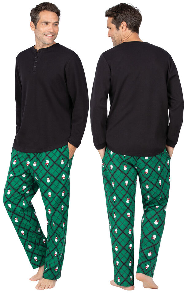 Model wearing Black and Green Snowman Argyle Henley PJ for Men, facing away from the camera and then to the side image number 1