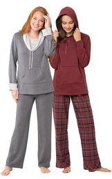 Burgundy Plaid Hooded PJs and Charcoal World's Softest PJs image number 0