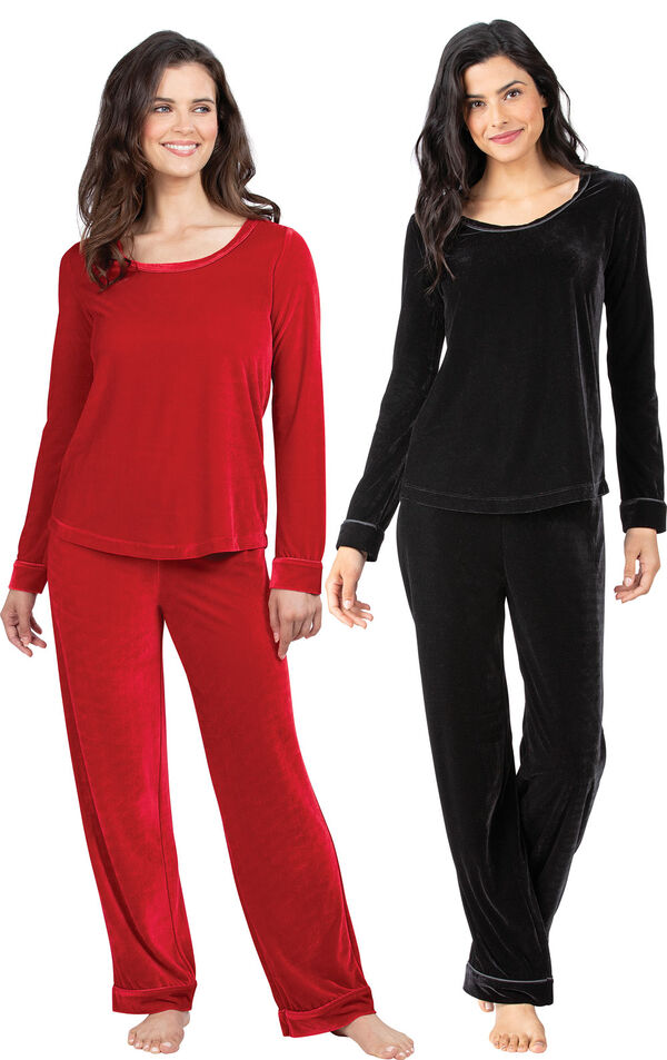Models wearing Velour Long-Sleeve Pajamas - Black and Velour Long-Sleeve Pajamas - Ruby. image number 0