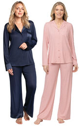Navy Luxe Satin Button-Front PJs & Pink Naturally Nude Boyfriend PJs image number 0