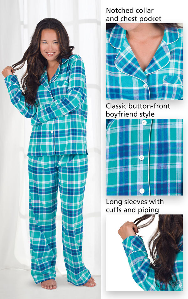 Close-ups of the features of Wintergreen Plaid Boyfriend Flannel Pajamas which include a notched collar and chest pocket, classic button-front boyfriend style and long sleeves with cuffs and piping image number 3