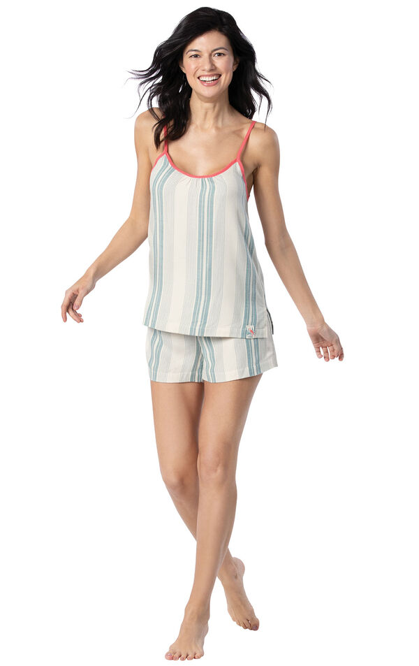 Model wearing Blue and White Stripe Margaritaville Cami Short Set for Women image number 0