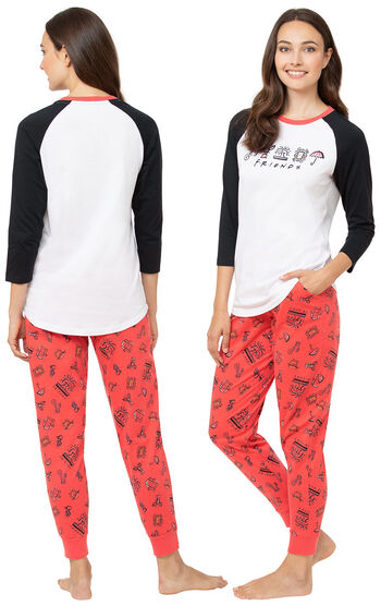Model wearing Black and Red Friends Jogger PJs, facing away from the camera and then facing to the side