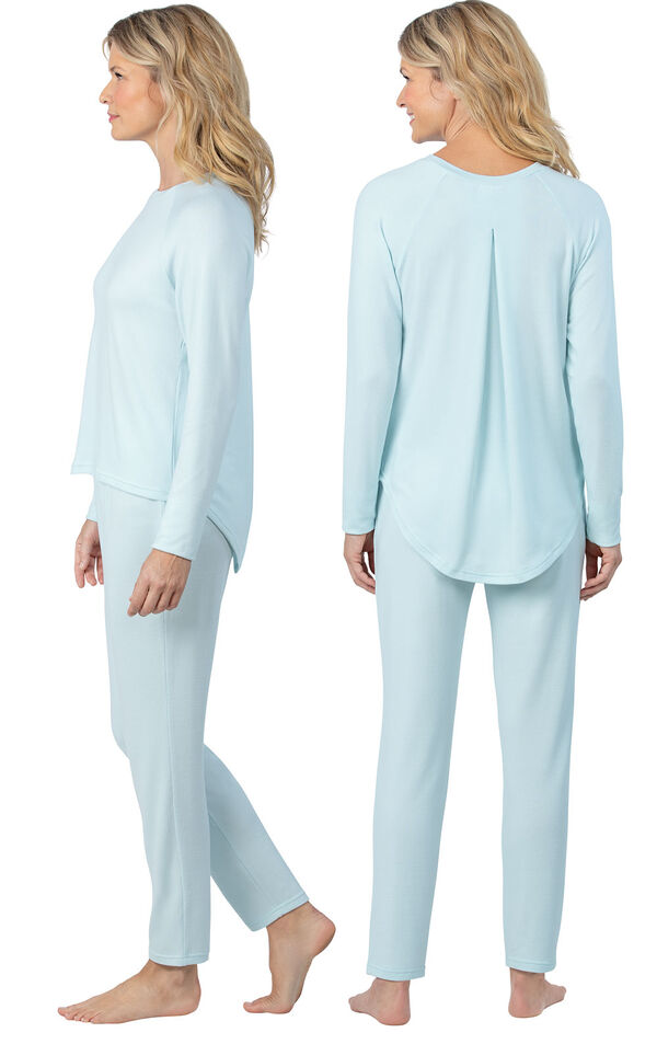 Model wearing Light Blue Scoop Neck Pajama Set for Women, facing away from the camera and then to the side image number 1