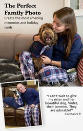 Customers and their pets wearing matching Snowfall Plaid Pajamas. Customer Quote: I can't wait to give my sister and her beautiful dog their jammies. They are adorable! - Constance P. image number 1