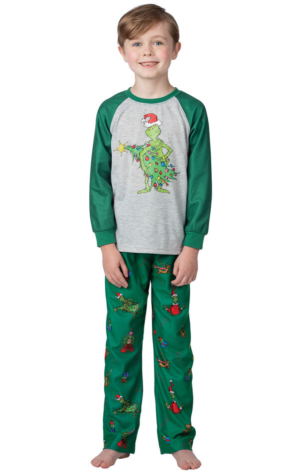 Model wearing Green and Gray Grinch PJ for Kids image number 0