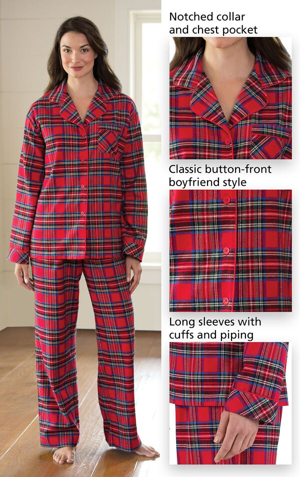 Close-ups of the features of Stewart Plaid Flannel Boyfriend Pajamas which include a notched collar and chest pocket, classic button-front boyfriend style and long sleeves with cuffs and piping image number 3