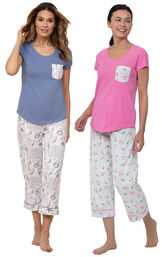 Models wearing Summer Shells Capri Pajamas - Blue and Flamingo Stripe Short-Sleeve Capri Pajamas image number 0