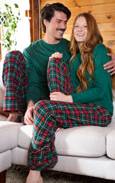 Red & Green Plaid Cotton Flannel Christmas Couples Pajamas image number 1