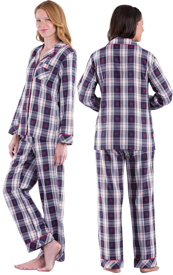 Model wearing Dark Blue Snowflake Plaid Button-Front PJ for Women, facing away from the camera and then to the side image number 1
