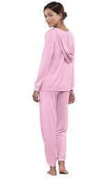 Model wearing Pink Hoodie PJs, facing away from the camera image number 1