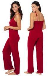 Model wearing Naturally Nude Cami Pajamas - Red, facing away from the camera and then facing to the side image number 2