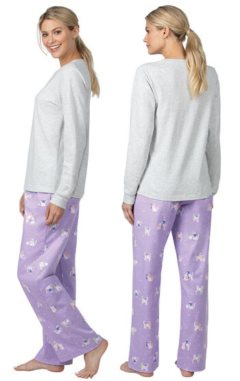Model wearing Purple Cat Print PJ with Graphic Tee for Women, facing away from the camera and then to the side