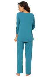 Model wearing Addison Meadow|PajamaGram Naturally Nude Long Sleeve Pajamas - Teal, facing away from the camera image number 1