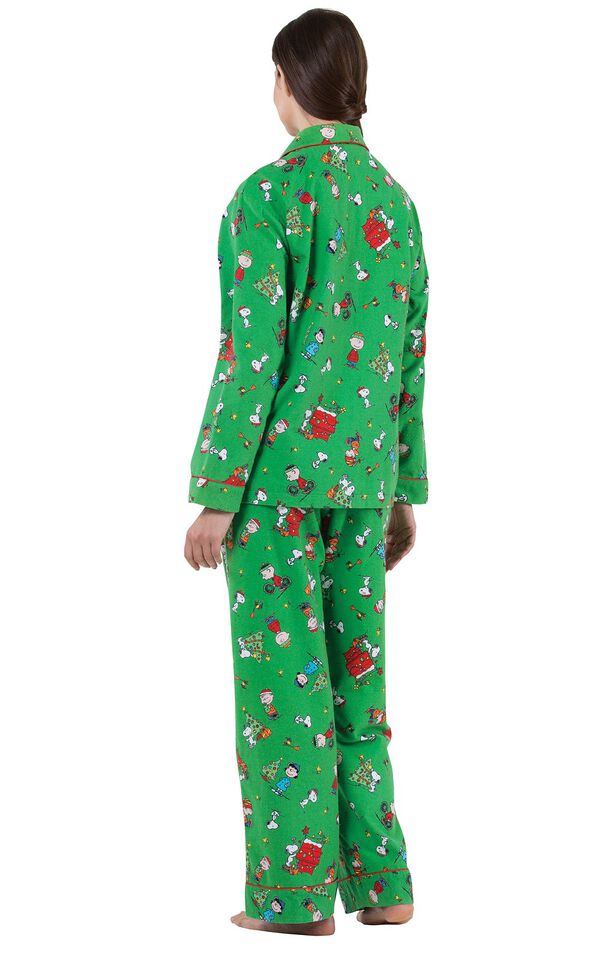 Model wearing Green Charlie Brown Christmas PJ for Women, facing away from the camera