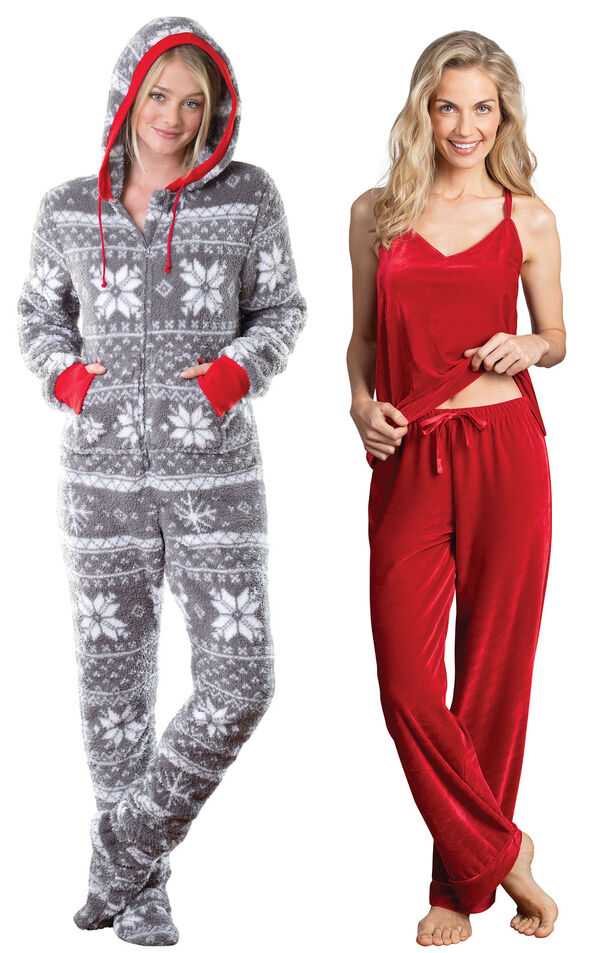 Models wearing Hoodie-Footie - Nordic Fleece and Velour Cami Pajamas - Ruby. image number 0