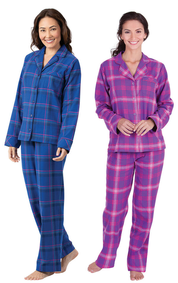 Models wearing Indigo Plaid Boyfriend Flannel Pajamas and Raspberry Plaid Boyfriend Flannel Pajamas. image number 0